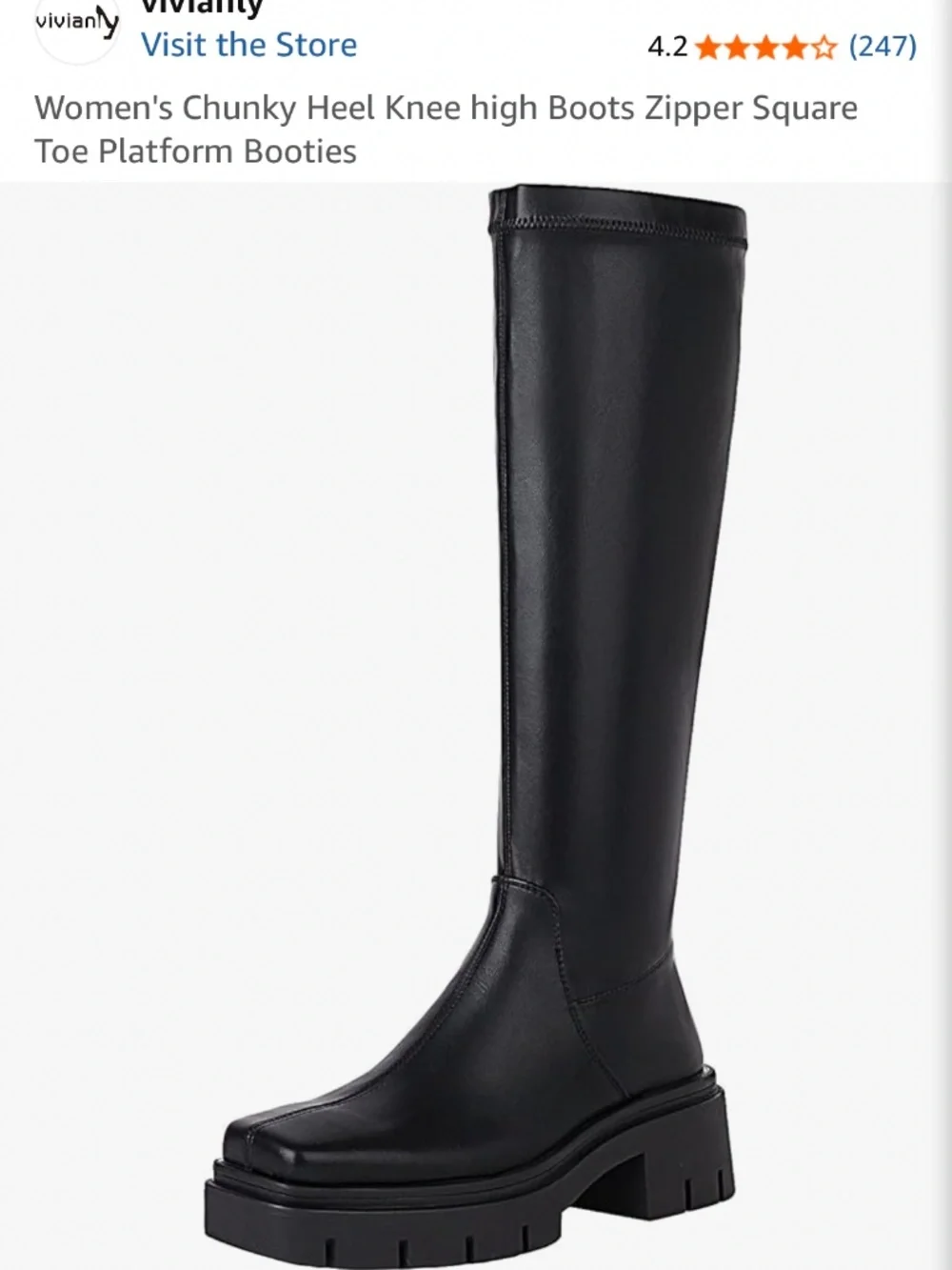 Women's Chunky Heel Knee high Boots Zipper Square Toe Platform Booties Goth